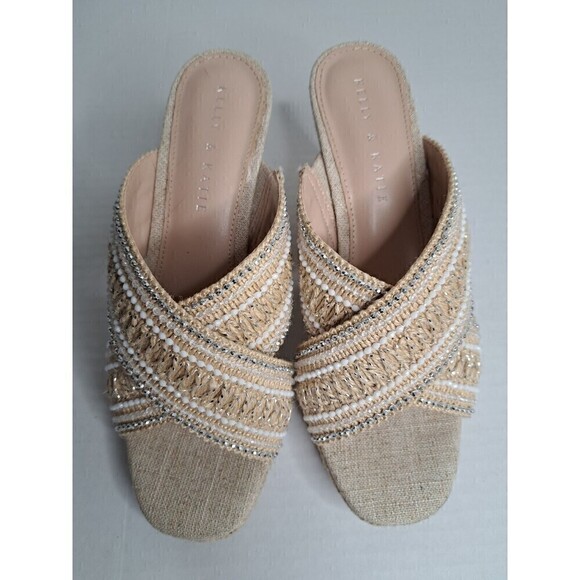 US Shoes - Kelly & Kate Women's sz 9M Beige Wedge 3.5 in. w Criss Cross Beaded Straps